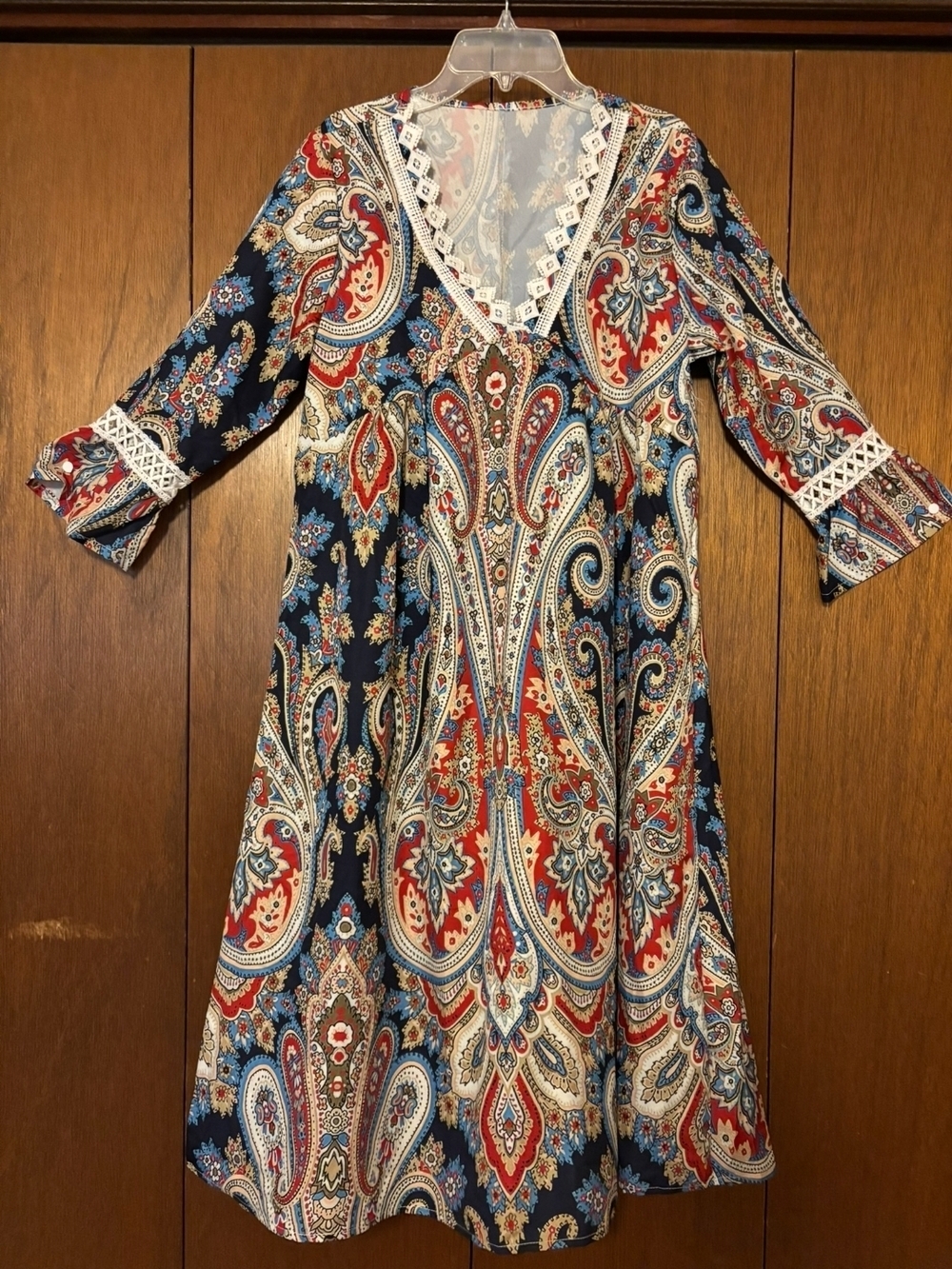 Paisley V-Neck A-Line Dress in Navy, Red & Cream